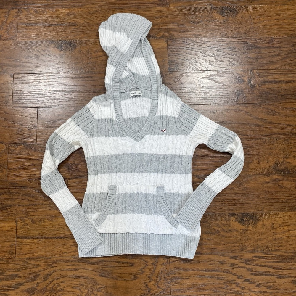Hollister Cable Knit V-Neck Hoodie Sweater Striped Gray White Y2K Style Size M
